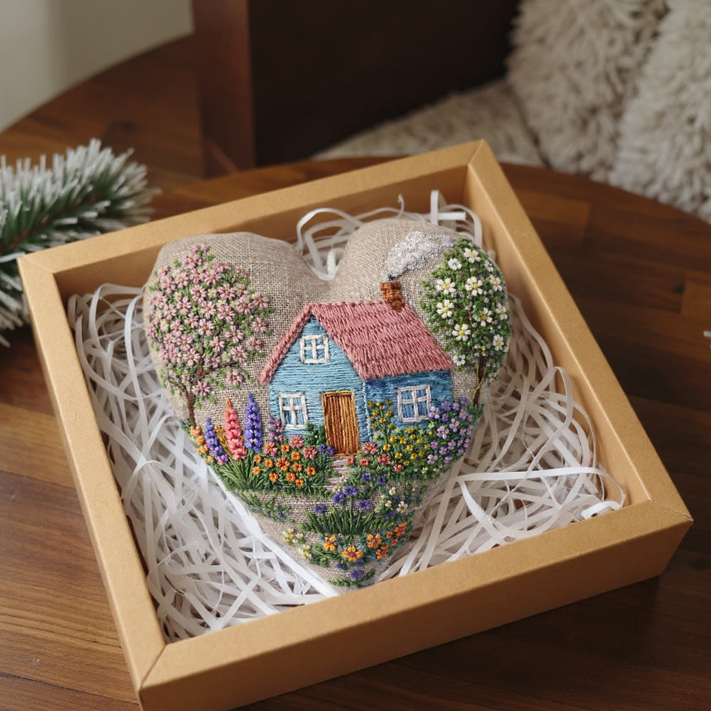 Rubbyoo Heart Embroidery Kit - Cottage With Blossom Landscape Motif | Delicate Handstitched Craft | Cozy Pendant - image 7