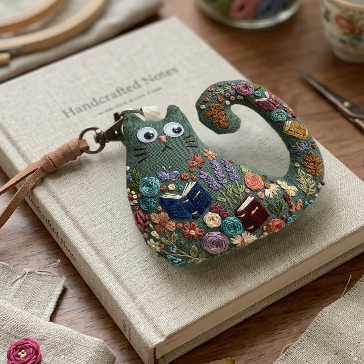 Rubbyoo Cat Embroidery Kit - Woodland Library Theme | Gift For Cat Lovers | Unique Artisan Backpack Charm - image 9