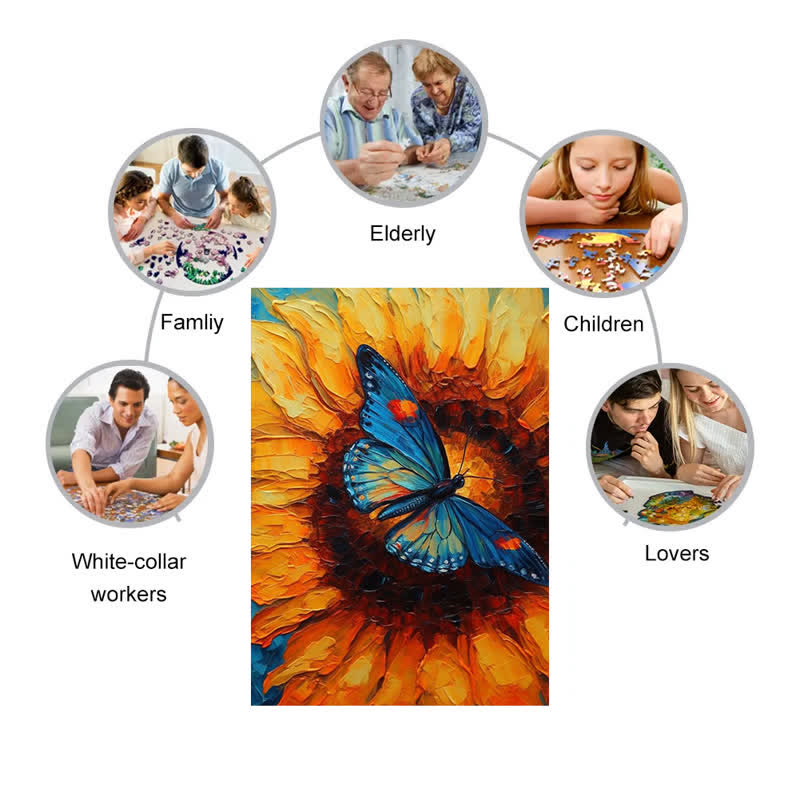 Sunflowers and a Blue Butterfly - Wooden Jigsaw Puzzle