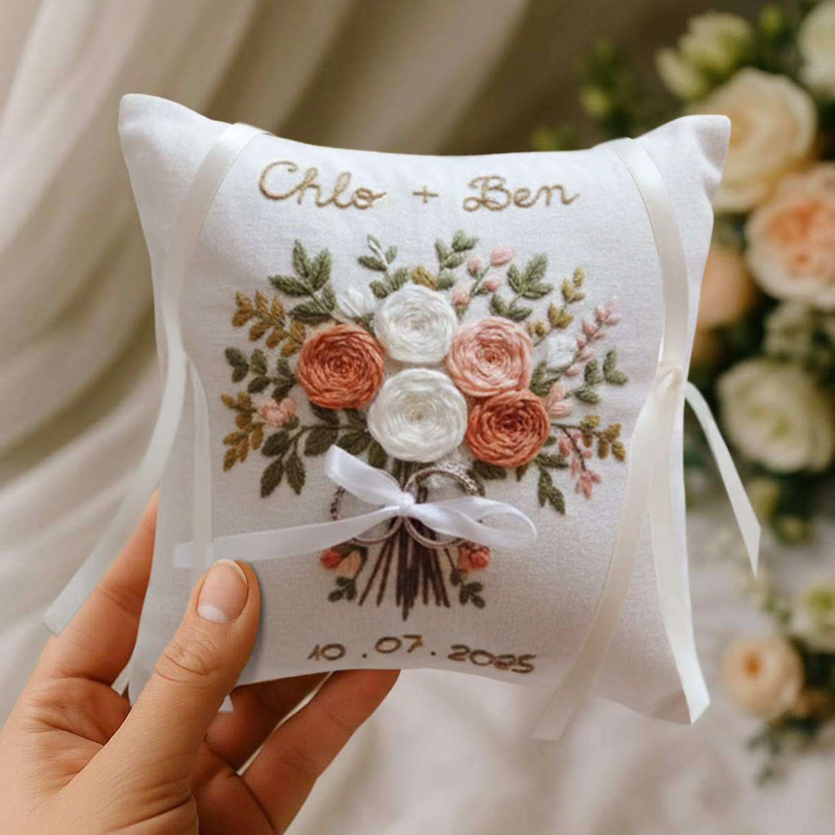 Rubbyoo Personalized Ring Bearer Pillow Embroidery Kit - White Peach Rose Bouquet | Wedding  Gift| Beginner-Friendly - image 11