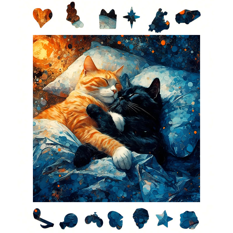 Sleepy cats in bed - Wooden Jigsaw Puzzle