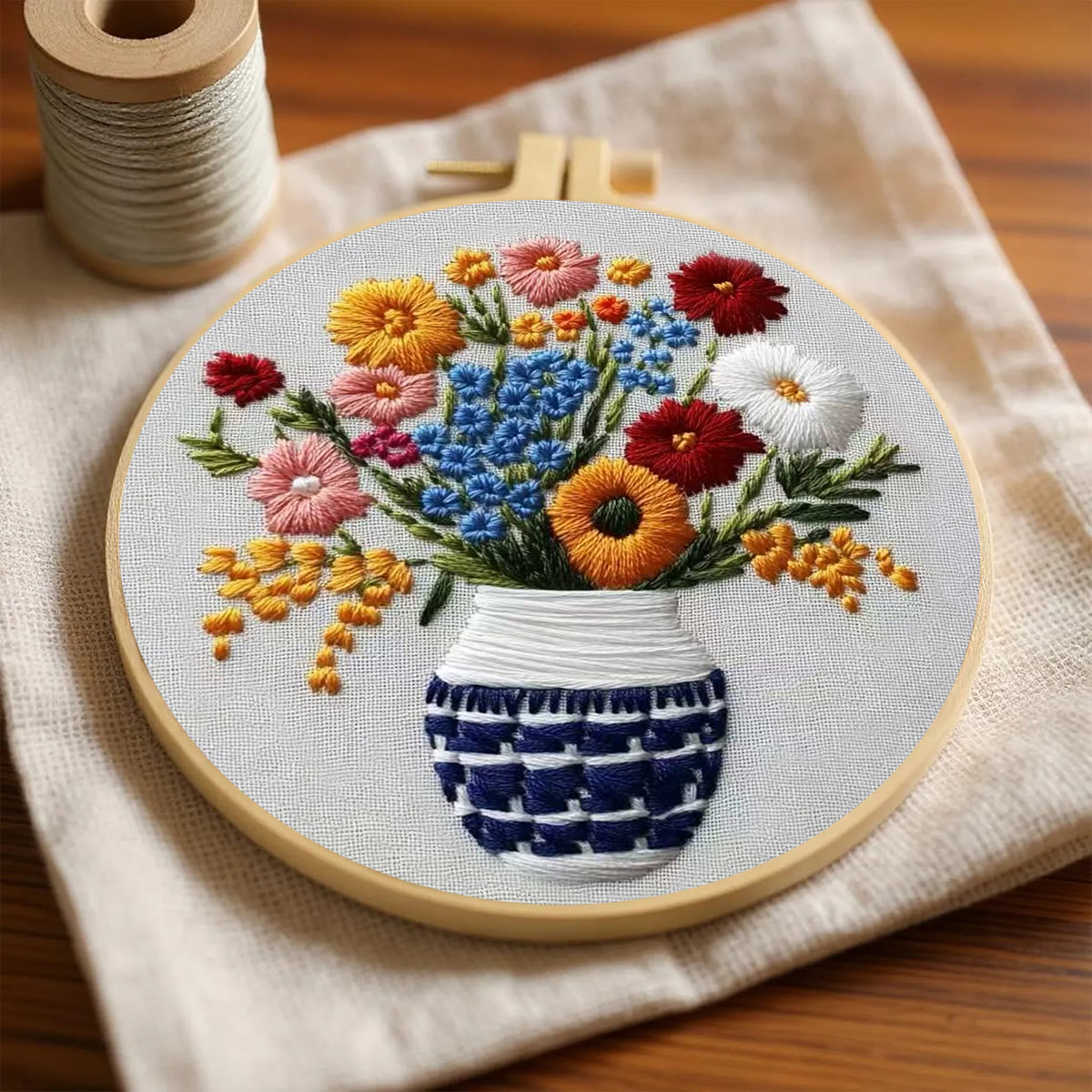 Rubbyoo Embroidery Kit - Checkered Vase Floral Bouquet | Home Hanging Ornament | Novice Decro - image 3