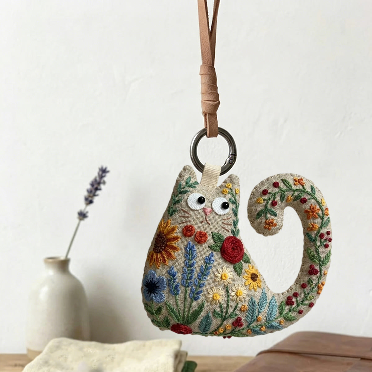 Rubbyoo Cat Embroidery Kit - Sunflowers And Lavender | Bright Housewarming Keepsake | Colorful Bag Charm - image 9