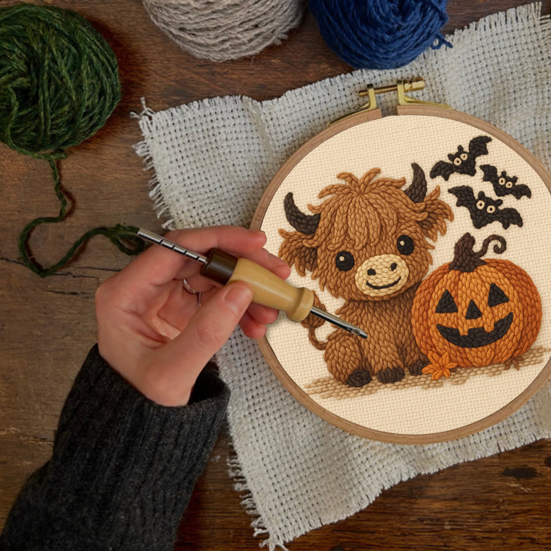 Cow Wtih Pumpkin Punch Needle Kit - Halloween Animal Decor | Diy Hoop Artwork - image 7