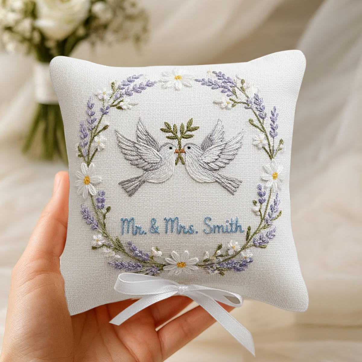 Rubbyoo Personalized Ring Bearer Pillow Embroidery Kit - White Doves Lavender Daisy Wreath | Creative Ring Pillow | Memorable Moments Gift - image 5
