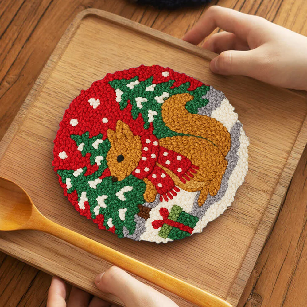 Festive Scarfed Squirrel Punch Needle Kit – Fun-filled Craft Endeavor | Holiday Top Gift Pick - 5 inch Coaster Kit - image 4
