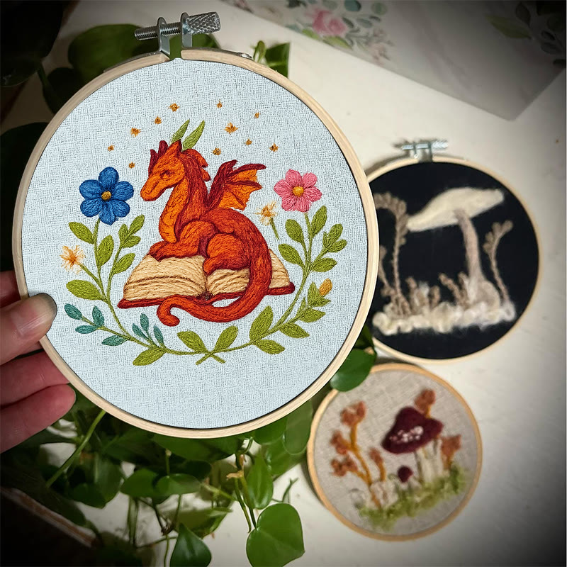 Rubbyoo Embroidery Kit - Red Dragon With Floral Books | Easy Fantasy Handicraft | Nice For Reading Lovers - image 7