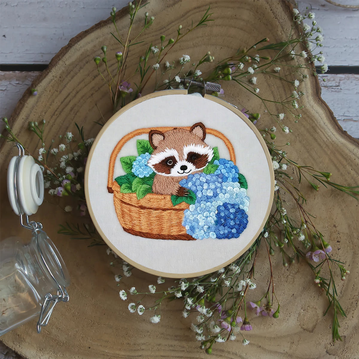 Rubbyoo Embroidery Kit-cute Raccoon In Basket Diy Craft Kits | For Craft Lover - image 6