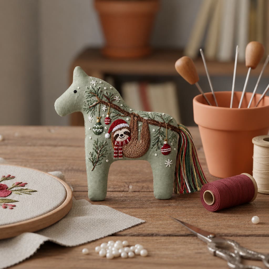 Rubbyoo Dala Horse Embroidery Kit - Christmas Cheerful Sloth | Handmade Lovely Nursery Room Accent | Nordic Holiday Decor - image 6