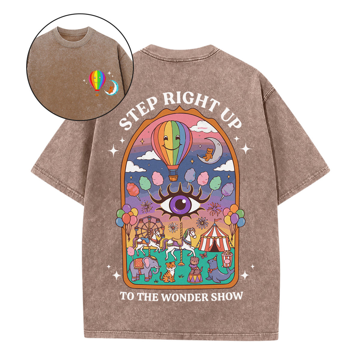 Rubbyoo Step Right Up  Double Sided Unisex Washed T-shirt Whimsical Graphic Tee  - Coffee - 5XL - image 17