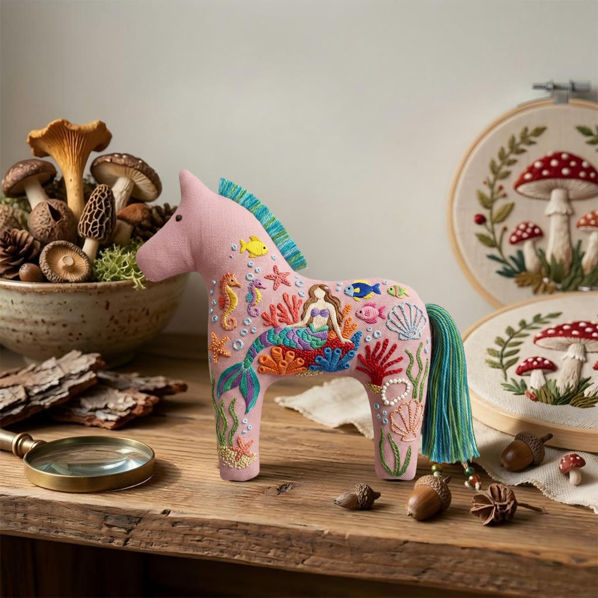 Rubbyoo Dala Horse Embroidery Kit - Pastel Pink Mermaid | Intricate Gift For Her | Summer Bag Charm - image 3