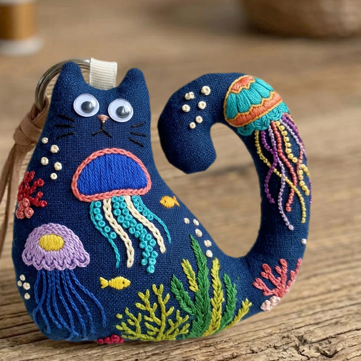 Rubbyoo Cat Embroidery Kit - Colorful Jellyfish And Seaweed | Diy Hand-stitched Gift | Coastal Beach Bag Accessory - image 7