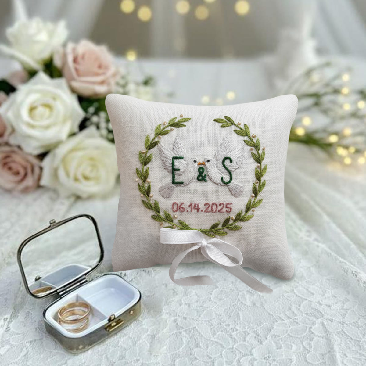 Rubbyoo Personalized Ring Bearer Pillow Embroidery Kit - White Doves Initials Wreath With Date | Gift-giving Top Pick Handcraft | Elegant Decor Pieces - image 6