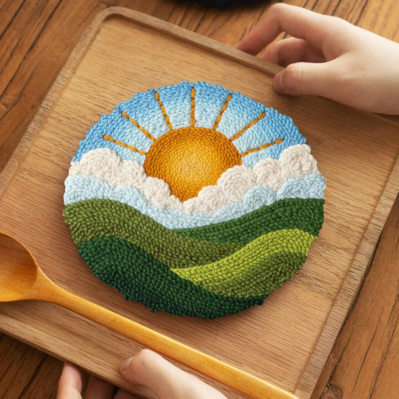 Bright Sunrise Cloudscape Green Hills Punch Needle Kit – Handcrafted Decor Hanger | Novice Friendly Diy Project - 5 inch Coaster Kit - image 4