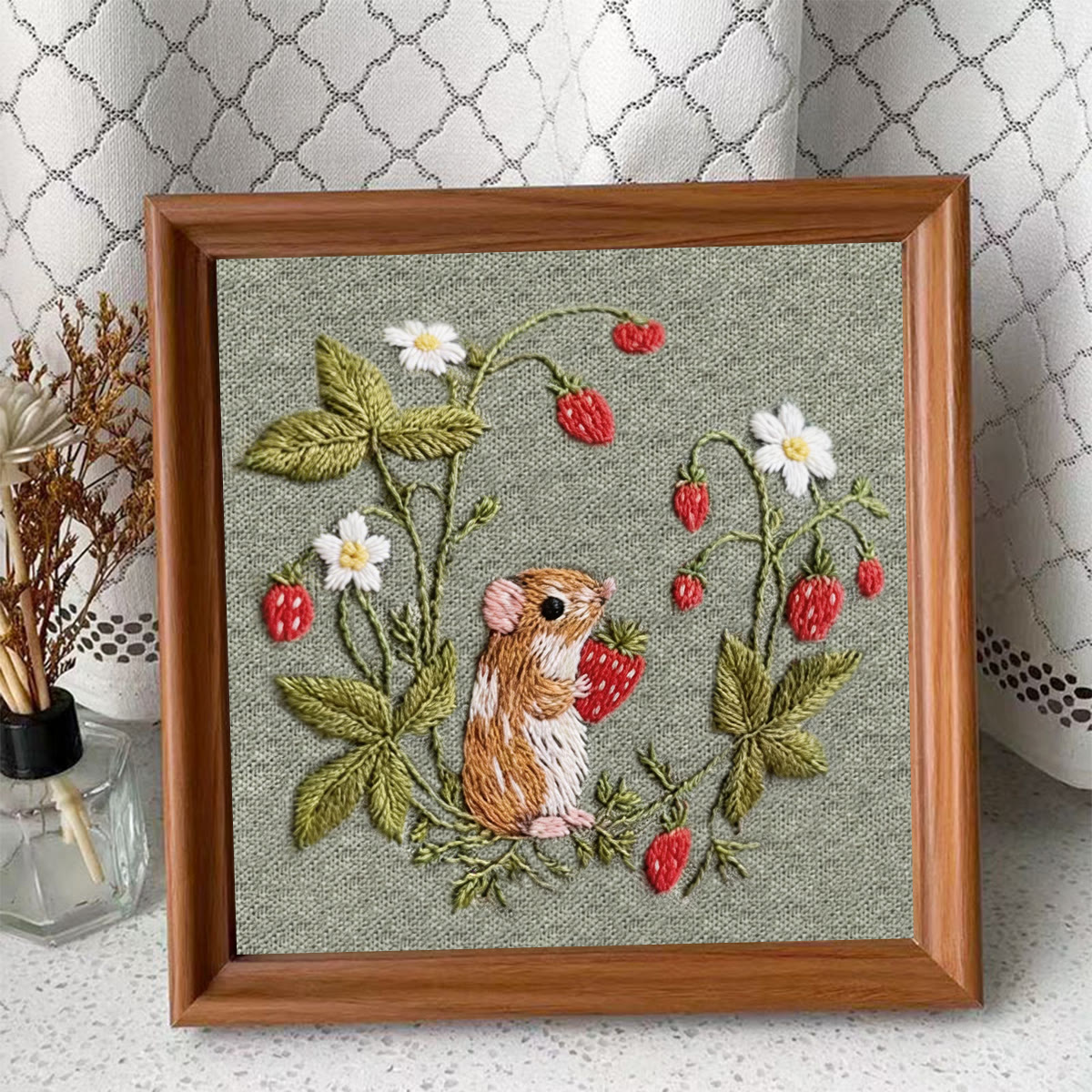 Rubbyoo Embroidery Kit - Mouse With Strawberry | Adorable Handmade Collection | Sewing Wallhanging Art - Embroidery Kit Plus An Extra Frame - image 9