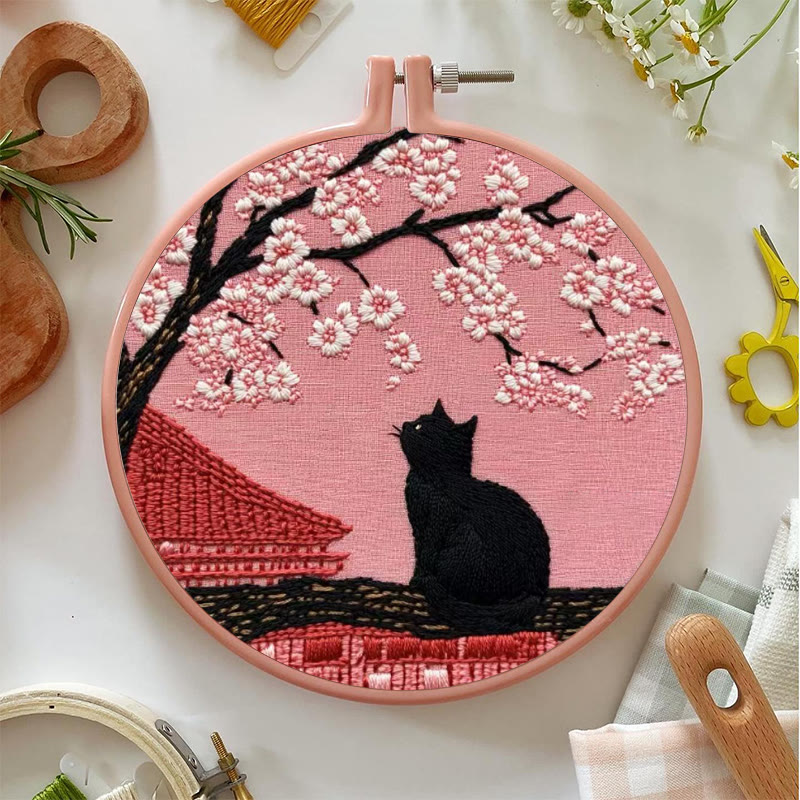 Rubbyoo Embroidery Kit - Sakura Cat Kyoto | Oriental-inspired Diy | Whimsical Wall Art Kit - image 5