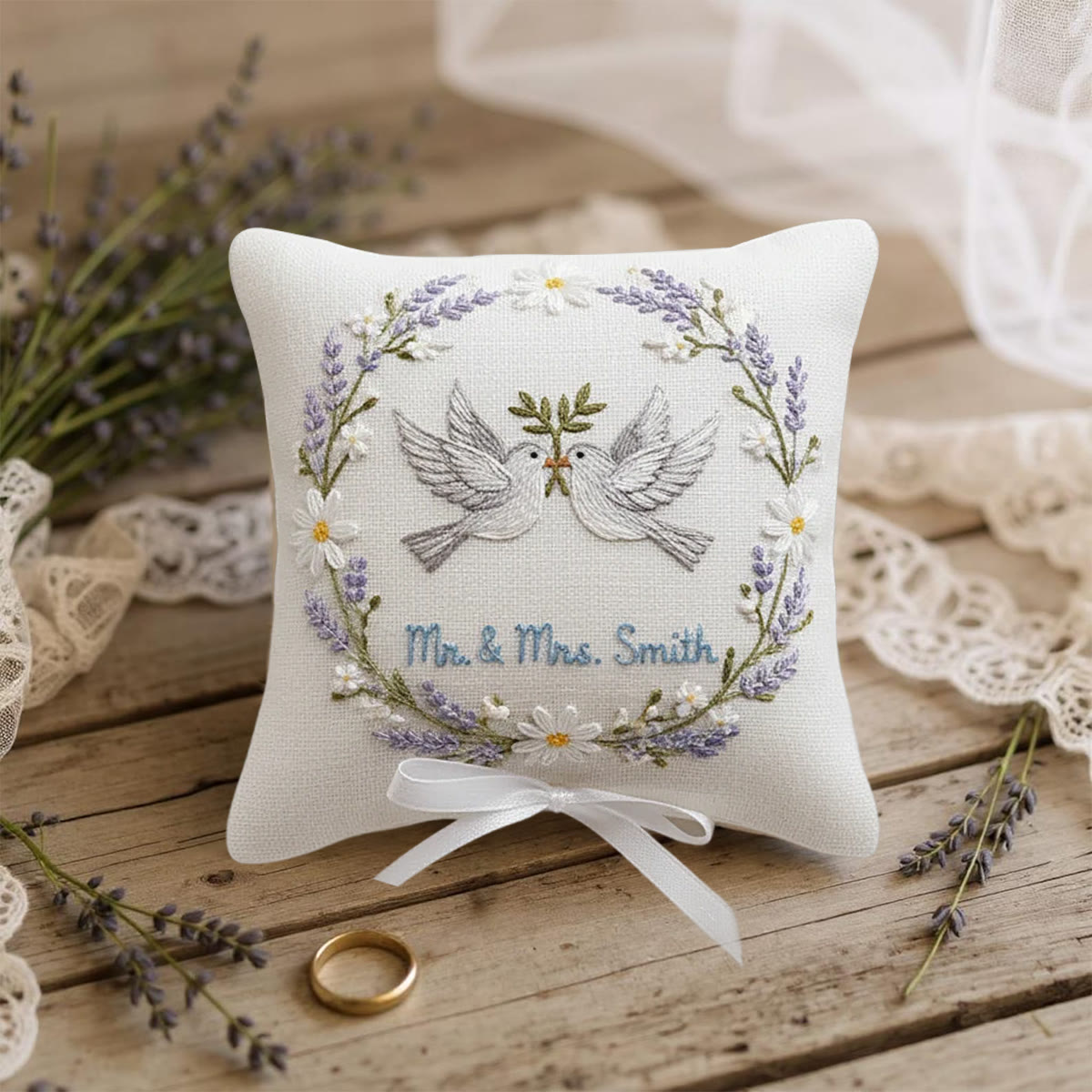 Rubbyoo Personalized Ring Bearer Pillow Embroidery Kit - White Doves Lavender Daisy Wreath | Creative Ring Pillow | Memorable Moments Gift - image 11