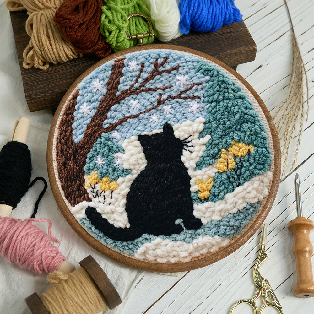 Snowy Winter Black Cat Punch Needle Kit – Starter Hoop Craft | Wintry Home Accent - image 12