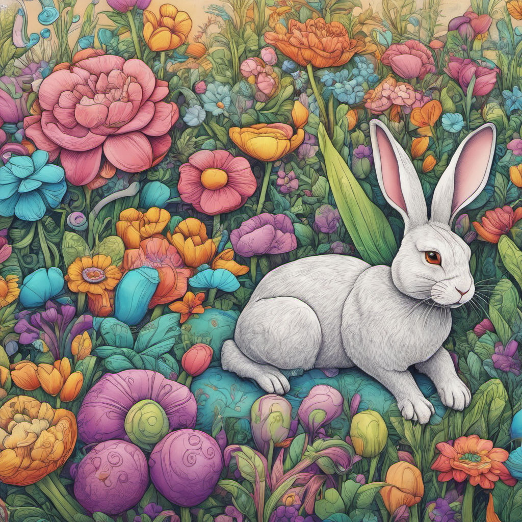 Rabbit Resting Among Lush Flowers - Wooden Jigsaw Puzzle