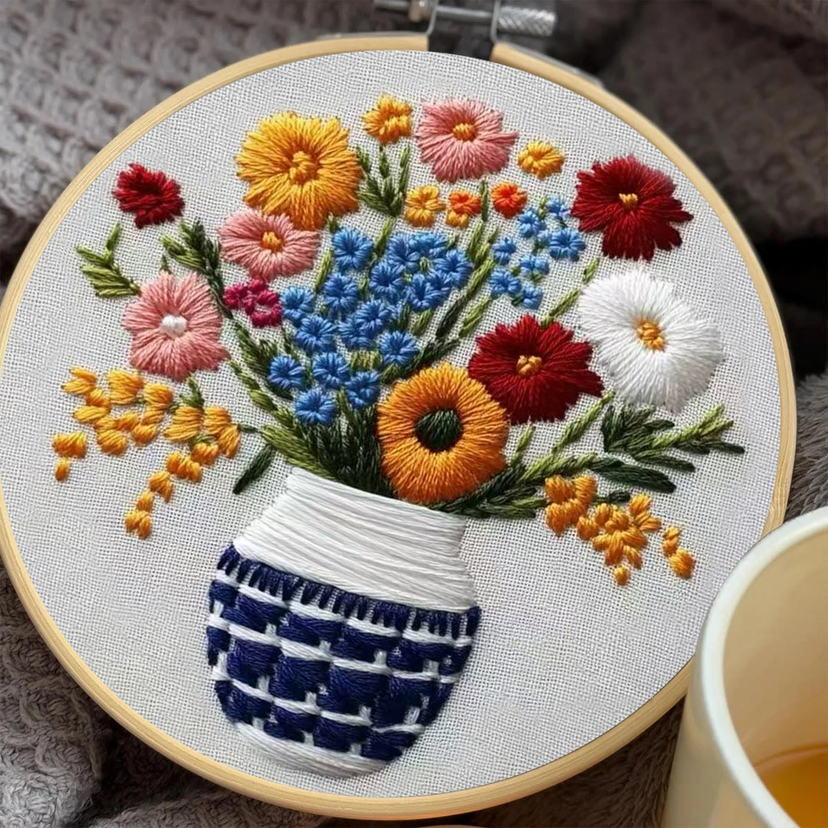 Rubbyoo Embroidery Kit - Checkered Vase Floral Bouquet | Home Hanging Ornament | Novice Decro - image 6