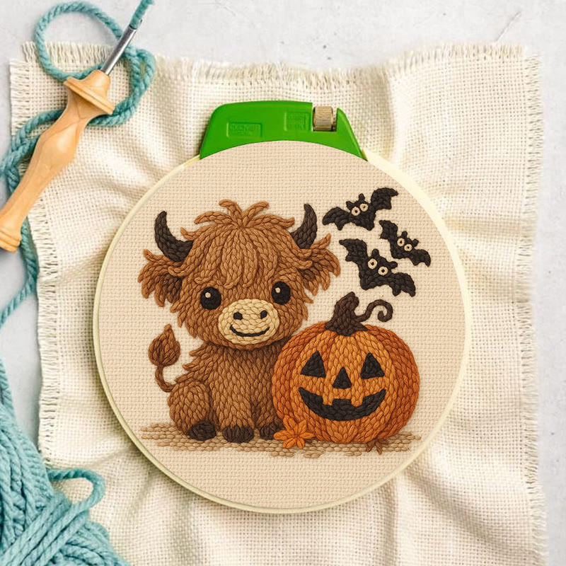 Cow Wtih Pumpkin Punch Needle Kit - Halloween Animal Decor | Diy Hoop Artwork - image 5