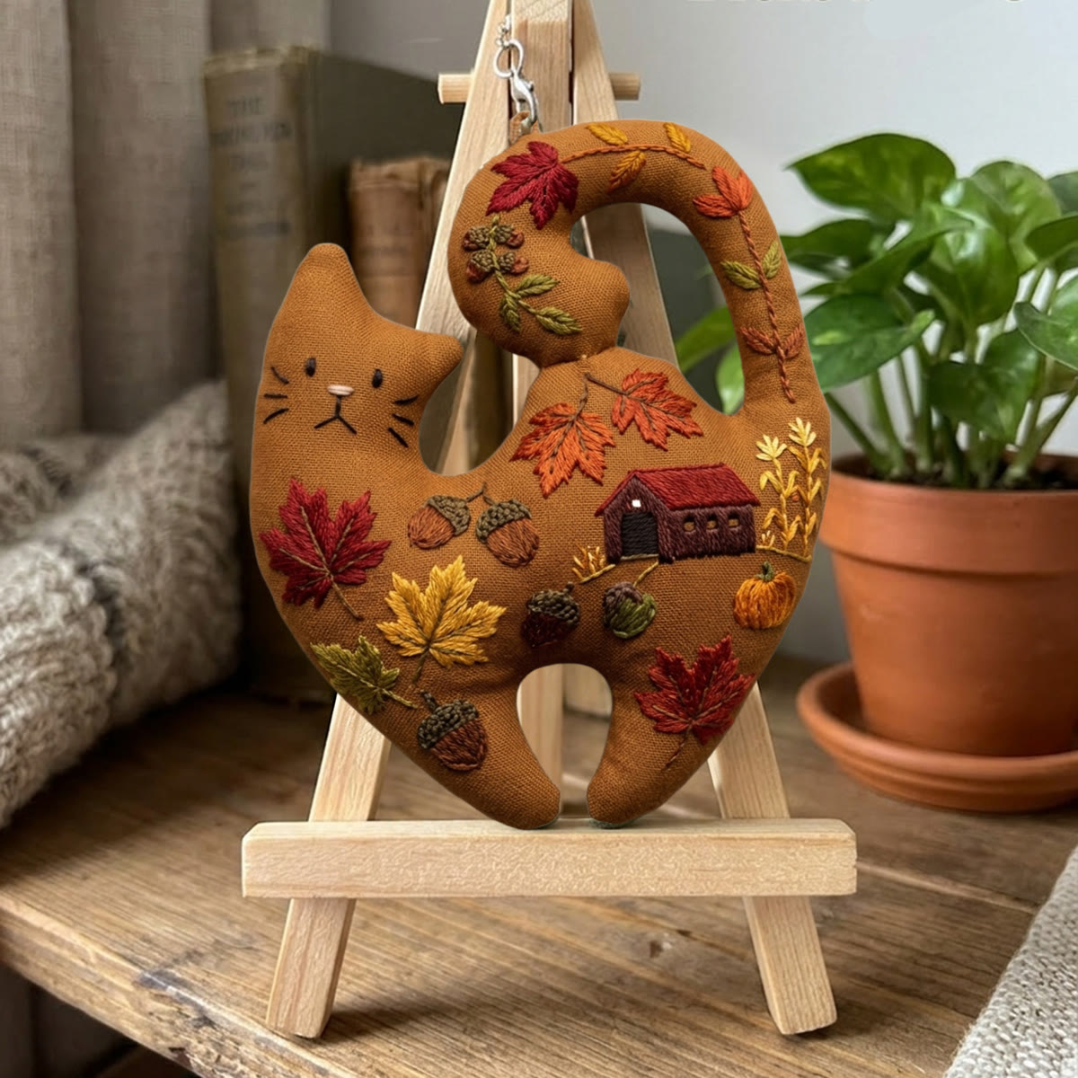 Rubbyoo Kitty Embroidery Kit - Autumn Maple | Cozy Earth Brown Ornament | Funny DIY Handicraft - image 3