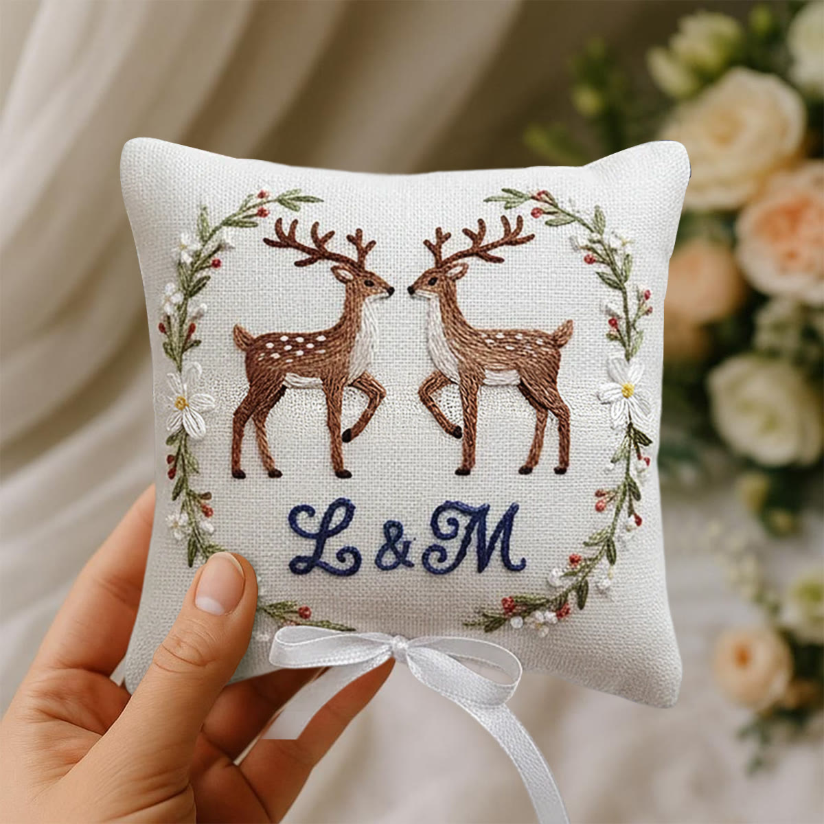 Rubbyoo Personalized Ring Bearer Pillow Embroidery Kit - Twin Deer Monogram Floral Wreath | Adorable Decor Item | Cozy Living Space Accents - image 7