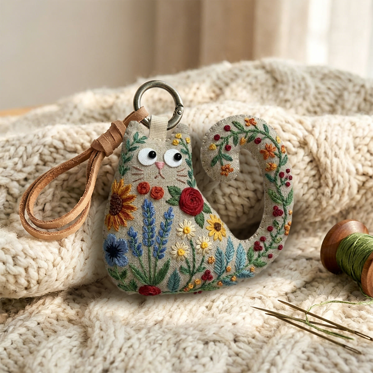 Rubbyoo Cat Embroidery Kit - Sunflowers And Lavender | Bright Housewarming Keepsake | Colorful Bag Charm - image 6