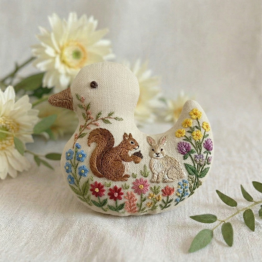 Rubbyoo Duck Embroidery Kit - Squirrel Rabbit Among Blooms | Keychain Ornament | Unique Diy Craft Decor - image 2