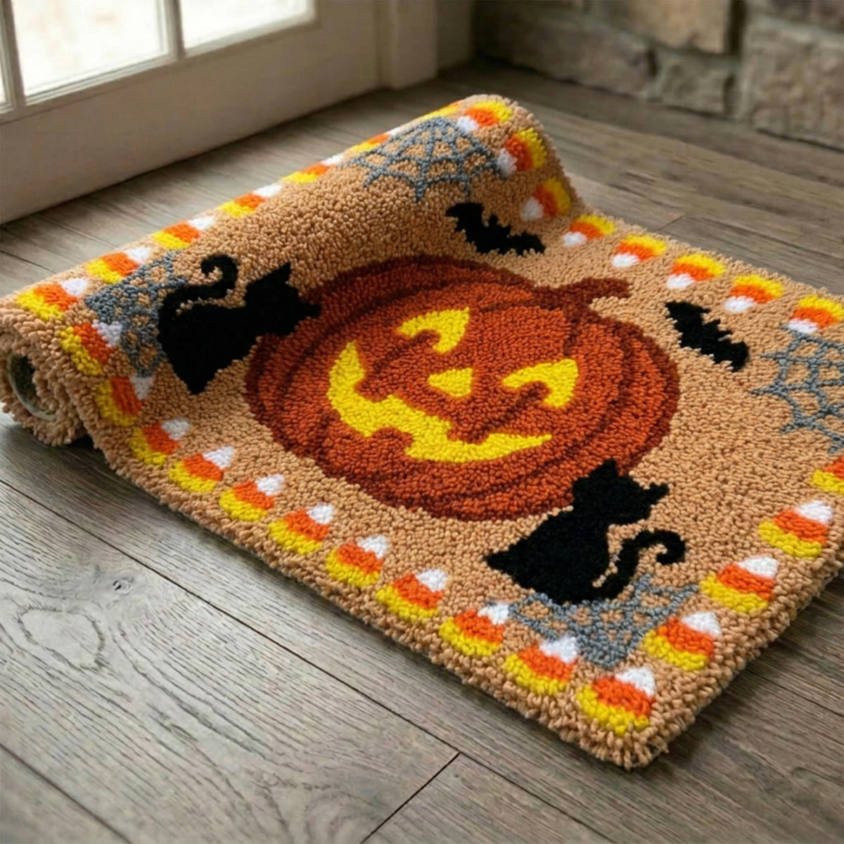 Rubbyoo Latch Hook Rug Kit - Orange Halloween Party | Pumpkin Motif Handicraft | All-inclusive Needlework Art - image 8