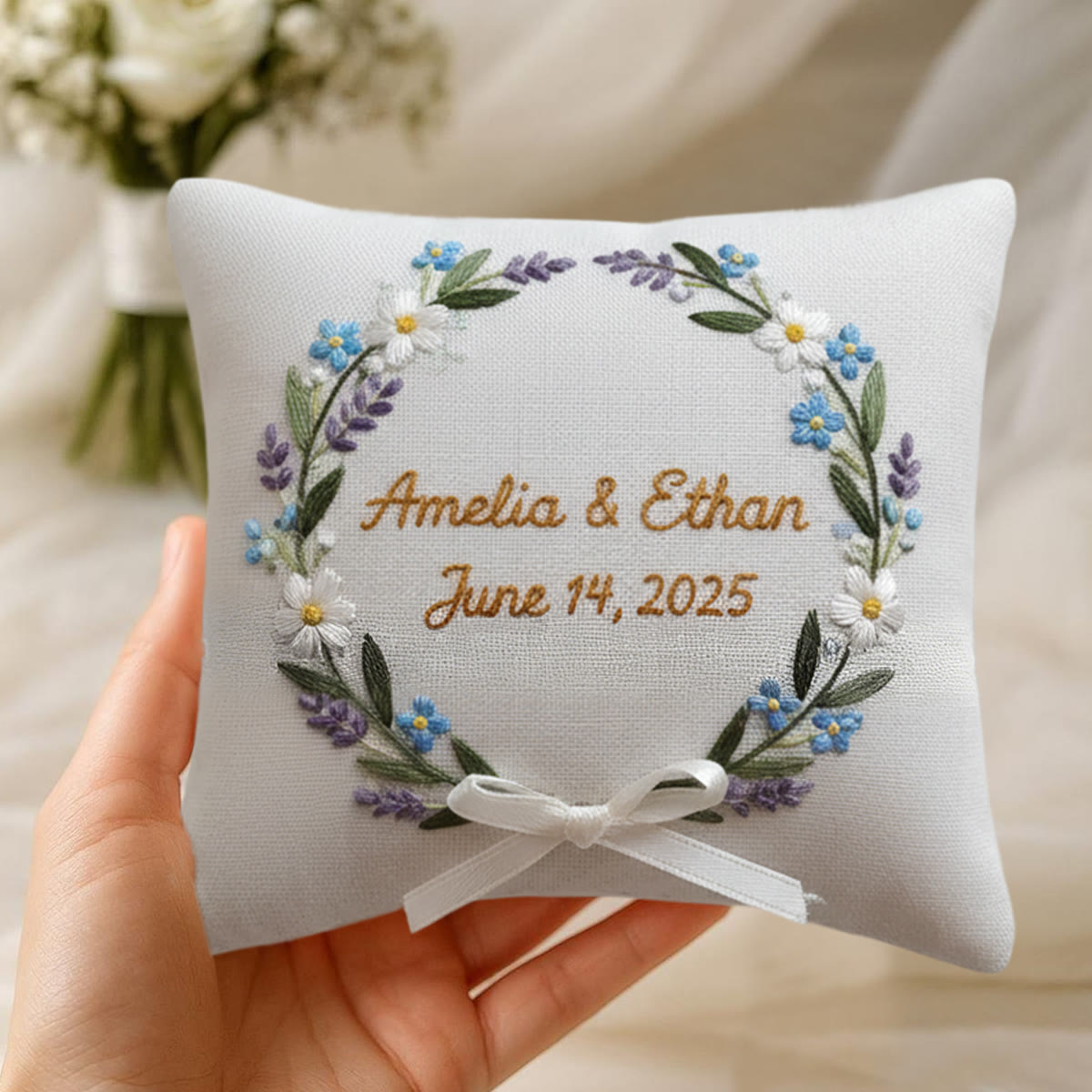 Rubbyoo Personalized Ring Bearer Pillow Embroidery Kit - Blue Daisy Lavender Wreath | Gift-giving Handcraft | Special Date Celebrations - image 7