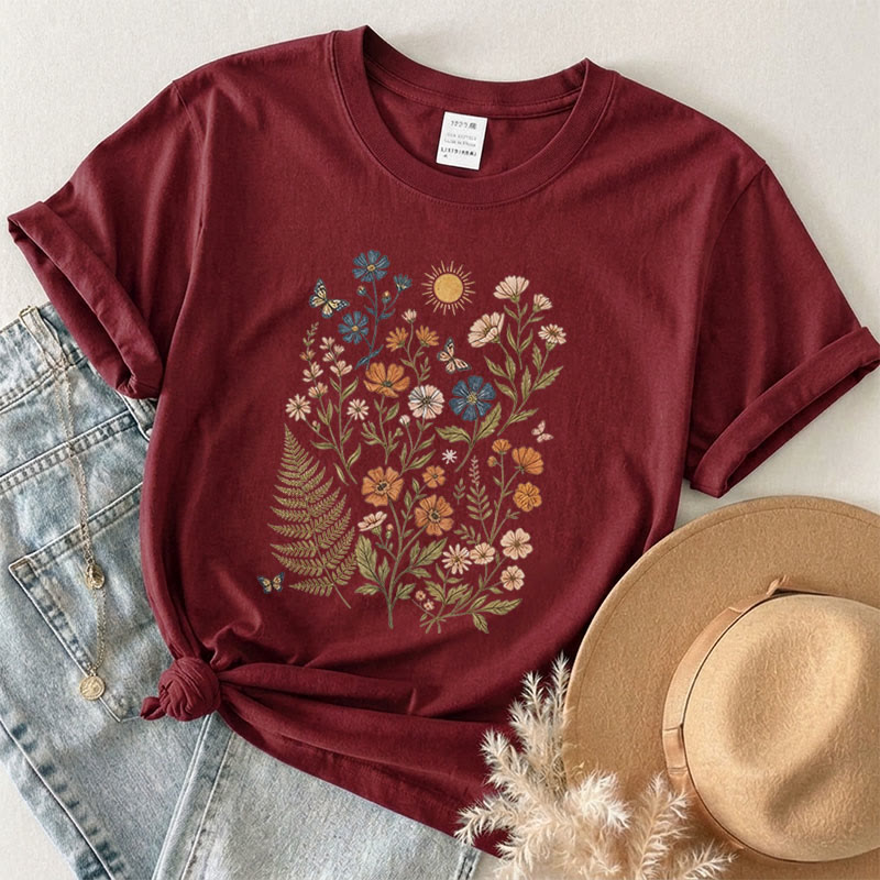 Rubbyoo Charming Flowers Graphic Tee  - Botanical Floral T-shirt Gift | Comfort Stylish Outfit  - Burgundy - 2XL - image 7