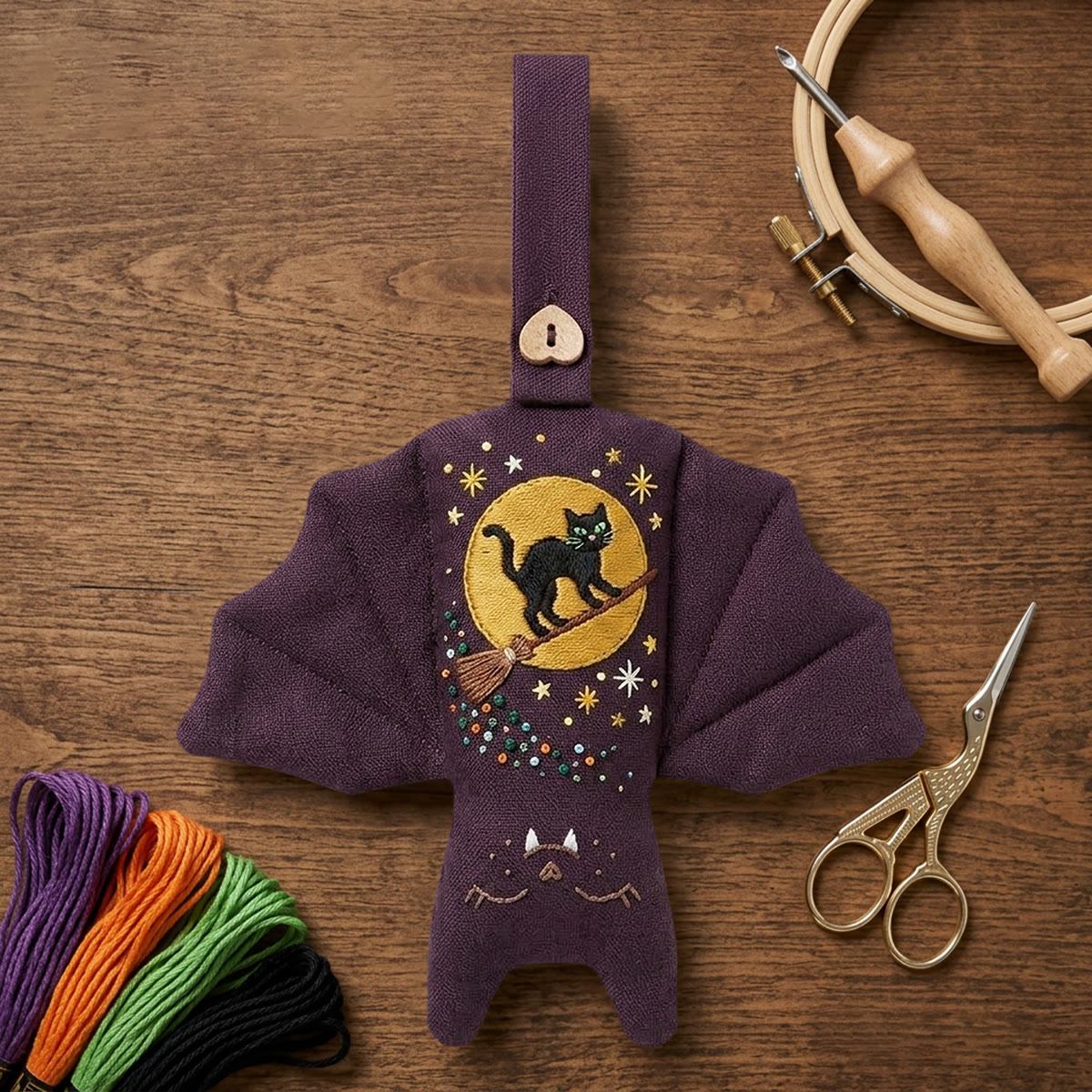 Rubbyoo Bat Embroidery Kit - Black Cat Riding Broom | Halloween Gift | Door Handle Charm - image 2
