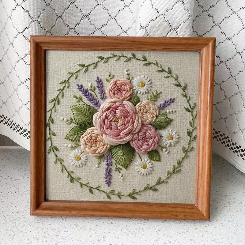 Rubbyoo Embroidery Kit - Peony Lavender Wreath | Elegant DIY | Timeless Present - Embroidery Kit Plus An Extra Frame - image 4