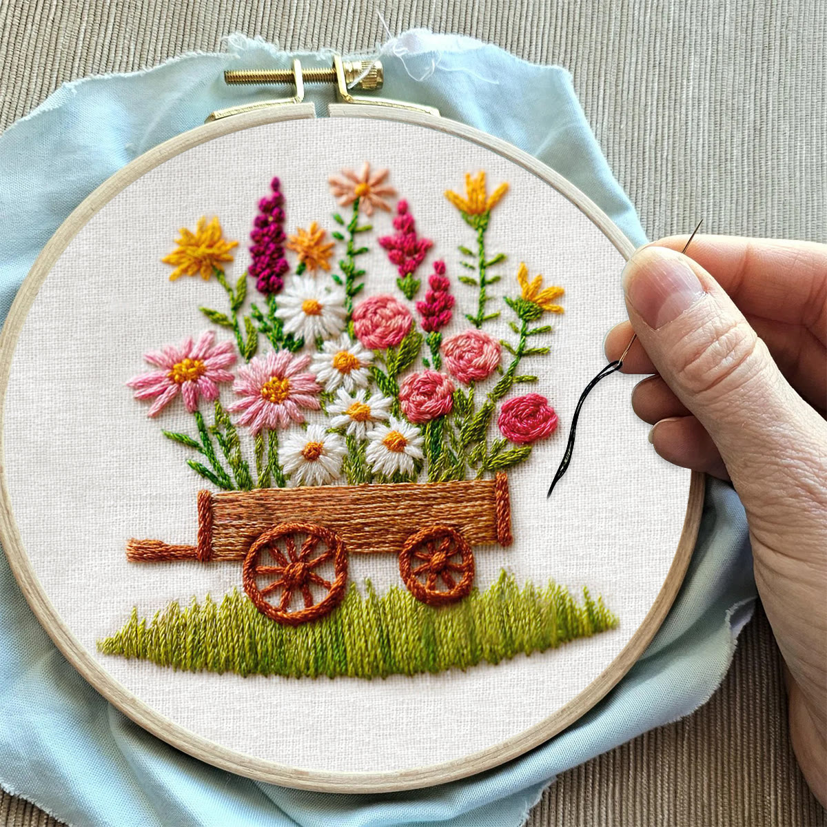 Rubbyoo Embroidery Kit - Wildflower Filled Cart | Creative Pastime | Charming Home Accent - image 10