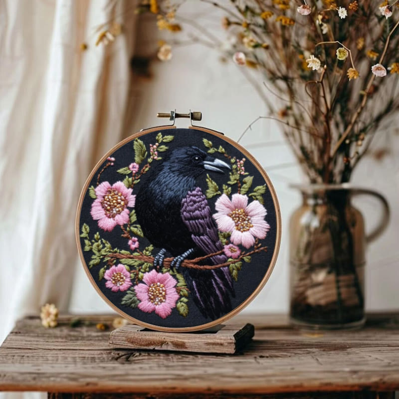 Rubbyoo Embroidery Kit - Gothic Raven With Pink Flowers | Handmake Needle Crafts  - image 3