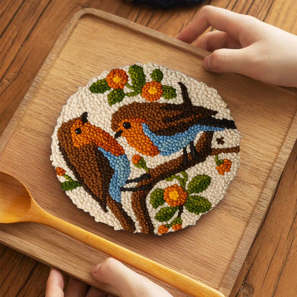 Twin Songbirds Floral Branch Punch Needle Kit – Diy Hand Embroidery | Elegant Home Decor Accent - 5 inch Coaster Kit - image 4