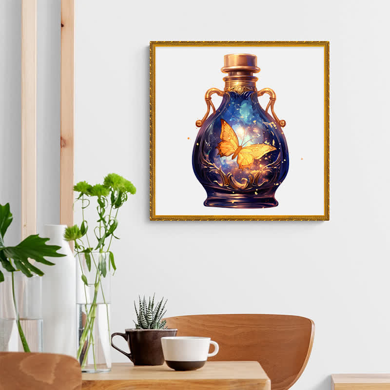 Golden butterfly flying in glass bottle - Wooden Jigsaw Puzzle