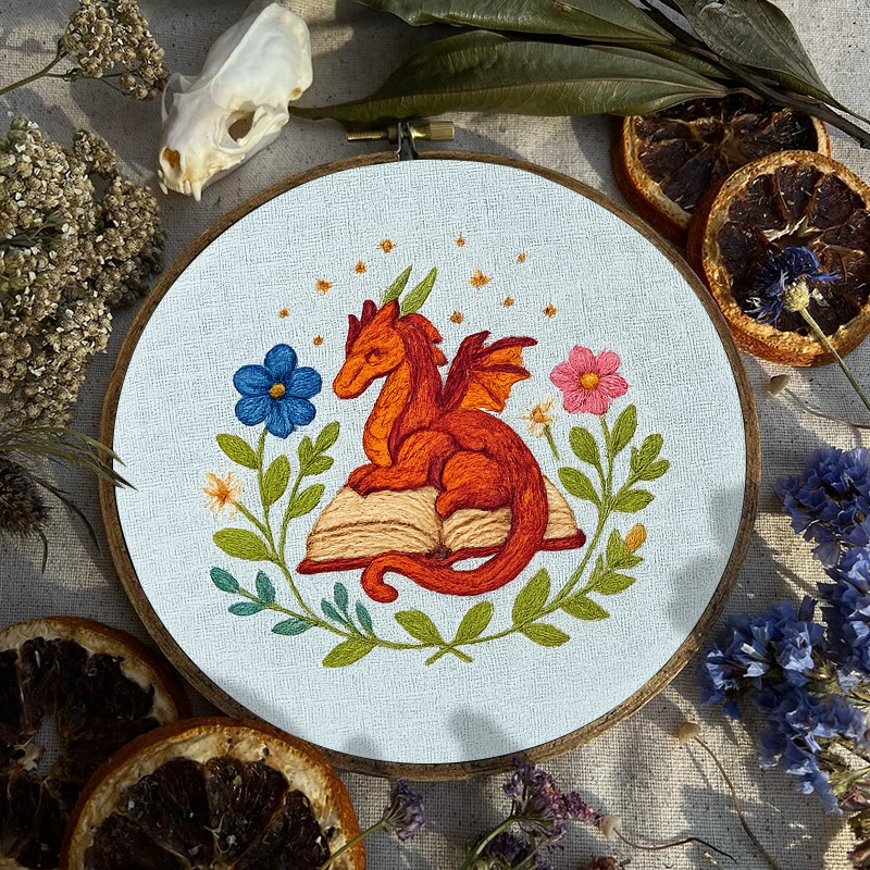 Rubbyoo Embroidery Kit - Red Dragon With Floral Books | Easy Fantasy Handicraft | Nice For Reading Lovers - image 3