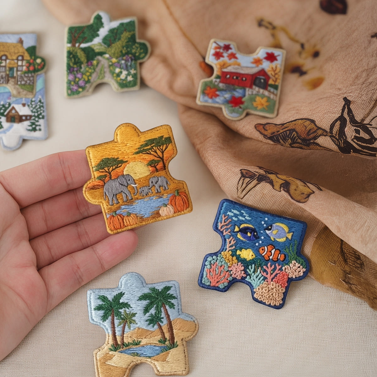 Rubbyoo Diy Magnet & Brooch Embroidery Puzzle Kit - Four Seasons Landscape Set | Scandi Folk Art Textile Refrigerator Magnet  - image 4