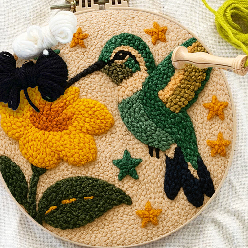 Hummingbird With Yellow Flower And Star Detail Punch Needle Kit – Easy-to-master Diy Craft | Elegant Decor Pendant - image 10