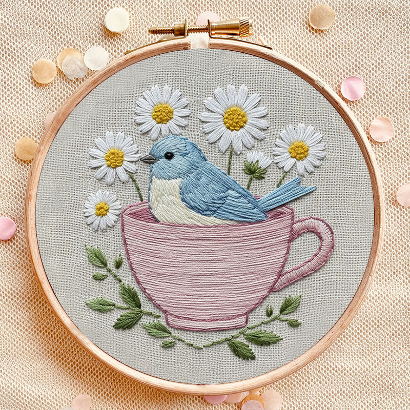 Rubbyoo Embroidery Kit - Floral Bird Cup | Handmade Stitch Art | Unique Home Collection - image 8