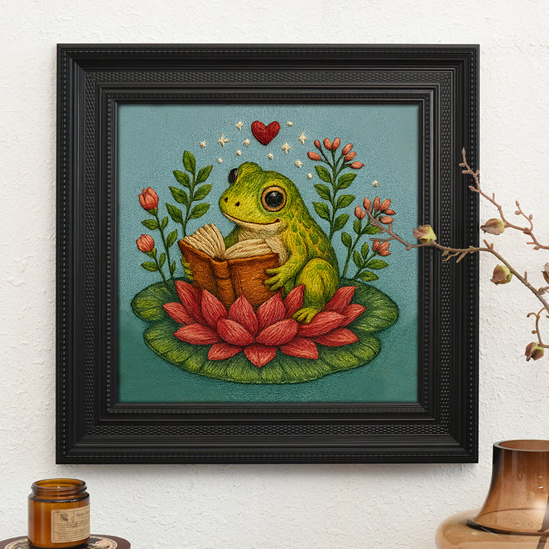 Rubbyoo Embroidery Kit - Reading Frog With Lotus | Creative Needle Artwork | Diy Handmade Gifts - Embroidery Kit Plus An Extra Frame - image 3