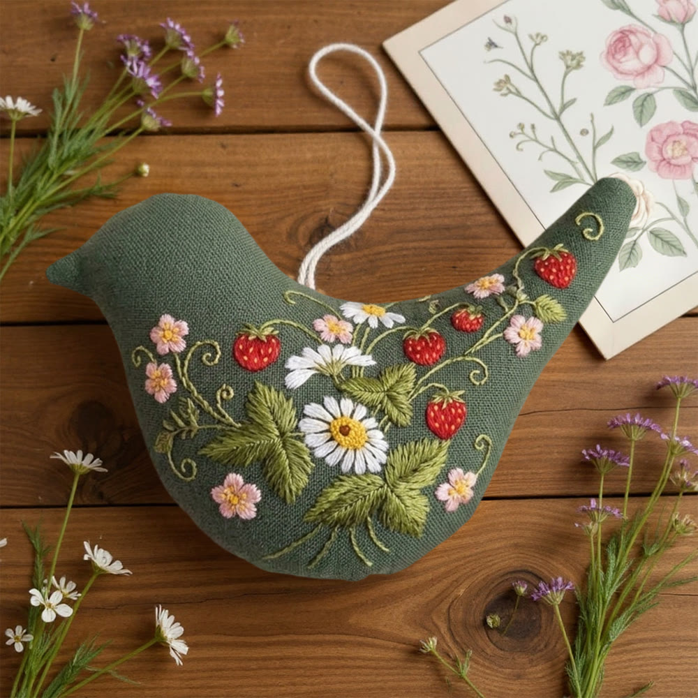 Rubbyoo Bird-shaped Embroidery Kit - Wild Strawberry | Floral Fruit Decor | Special Gift For Mother - image 2