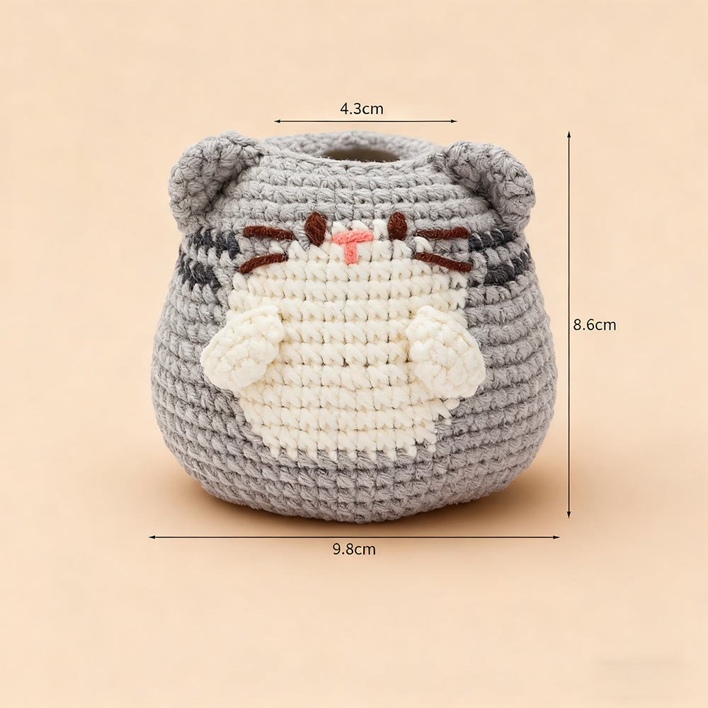 Diy Handmade Cats Pen Holder Crochet Kit -  Creative Pots Handicraft | Unique Decorative Gift Idea  - Gray cat - image 5