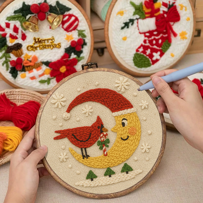 Christmas Night Punch Needle Kit - Adorable Cardinal Handicraft | Diy Wall Hanging Ornament - image 8