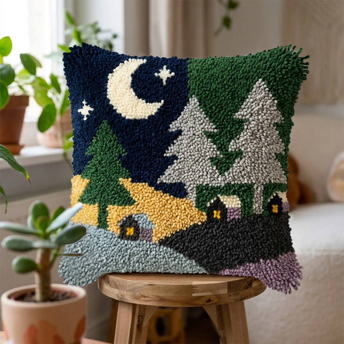 Rubbyoo Latch Hook Pillow Kit - Night Forest Village |  Landscape Cushion Cover | Cozy Home Decor Accent  - image 6
