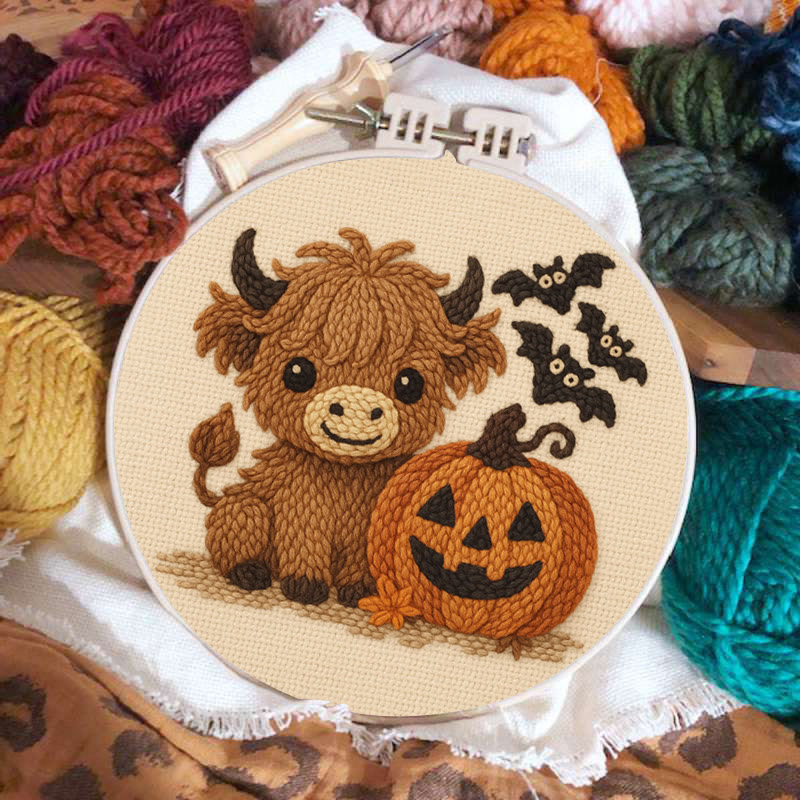 Cow Wtih Pumpkin Punch Needle Kit - Halloween Animal Decor | Diy Hoop Artwork - image 6