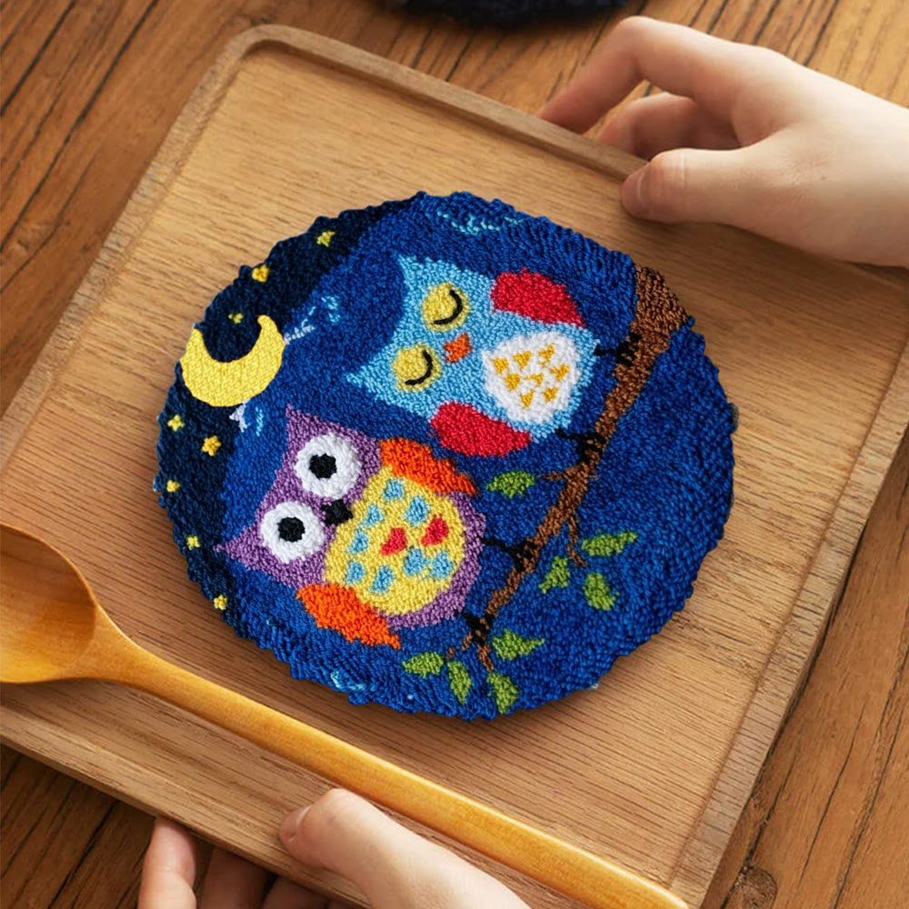 Owl In Night Punch Needle Kit - Handmade Yarn Hoop | Uniqe Home Accent - 5 inch Coaster Kit - image 12
