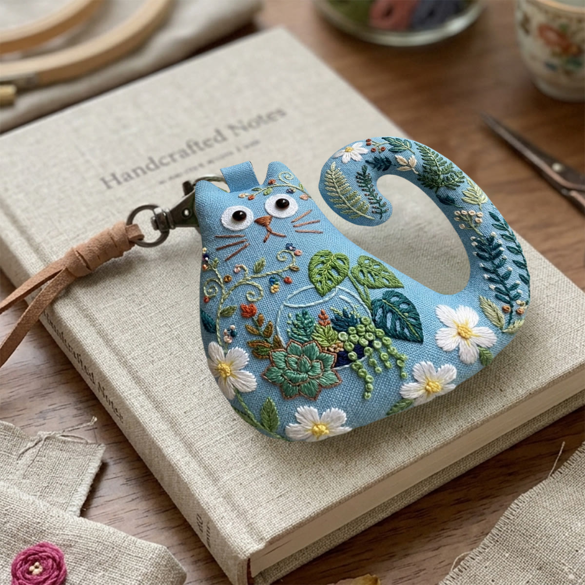 Rubbyoo Cat Embroidery Kit - Succulent Terrarium | Cute Handmade Craft | Floral Purse Charm - image 9